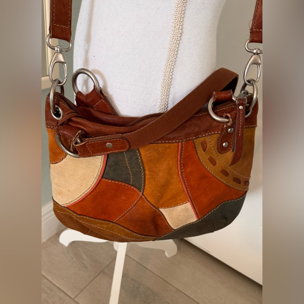 PATCH FOSSIL SHOULDER/CROSSBODY HOBO BAG MULTICOLOR LEATHER FABRIC PATCH ZIPPED